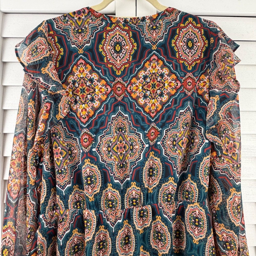 LOFT Midi Dress XL Teal Medallion Print Ruffle Split Neck Long Sleeve NEW - Picture 11 of 16